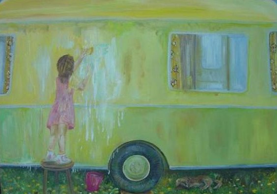 Girl washing a caravan